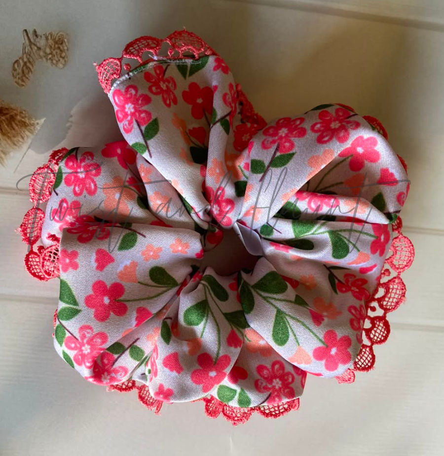 Beige with Pink and Orange Floral Printed Satin With Lace Trim.