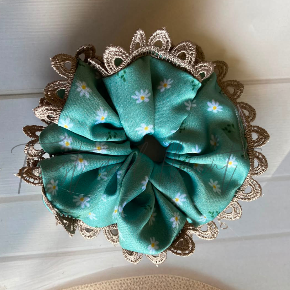 Teal With White Daisy Printed Satin With Lace Trim