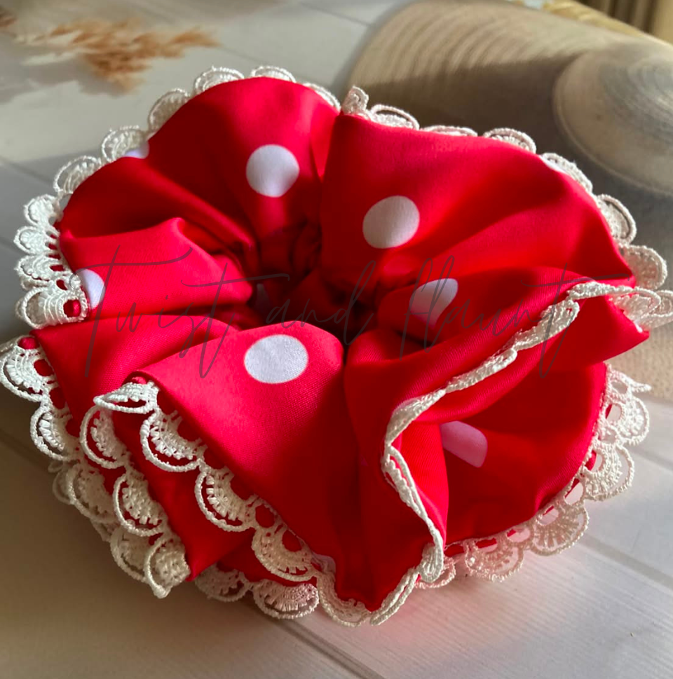 Red With White Polka dots Printed Satin Ruffle Scrunchie.
