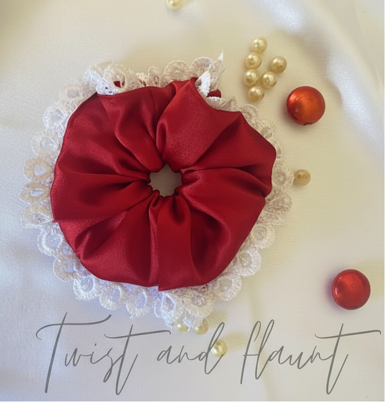 Berry Red Simply Satin Scrunchie with White Lace