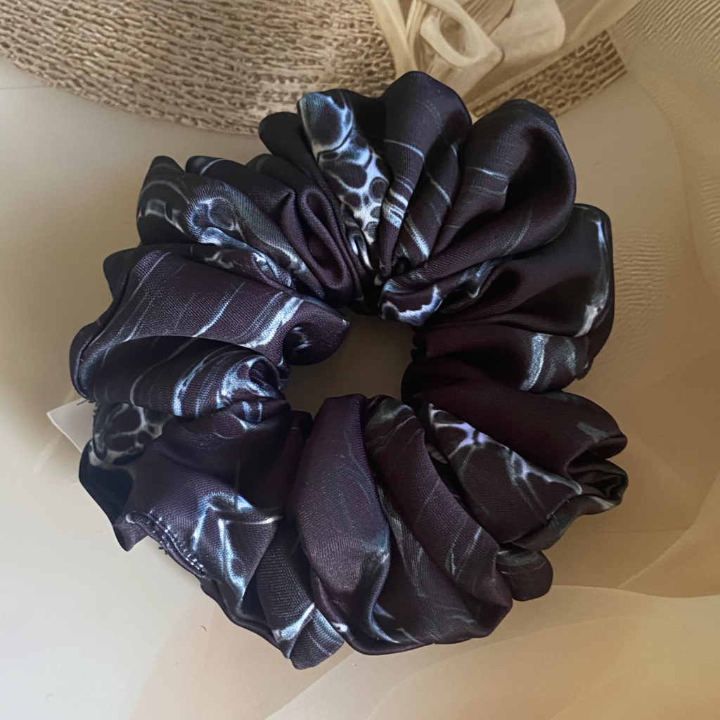 Black Marbled Pattern Printed Satin Scrunchies.