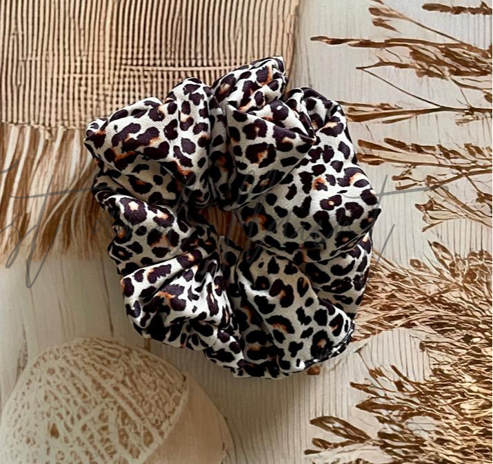 Black and Beige Animal Printed Satin Scrunchie