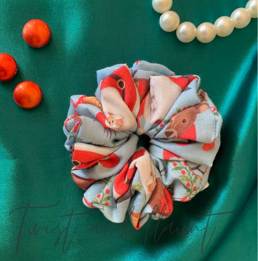 Blue Cotton With Christmas Print Scrunchie