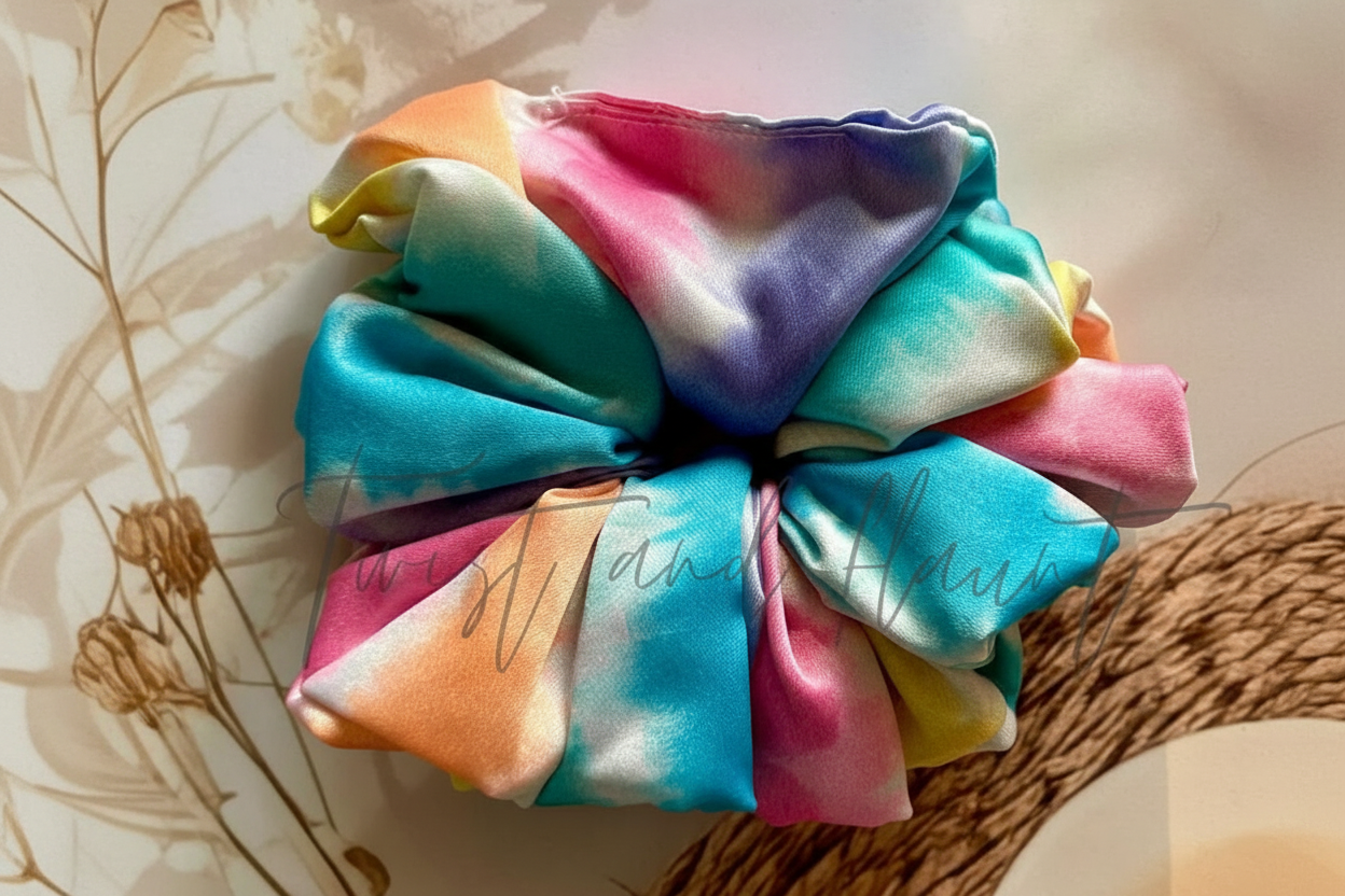 Colourful Tie and Dye Printed Satin Scrunchie