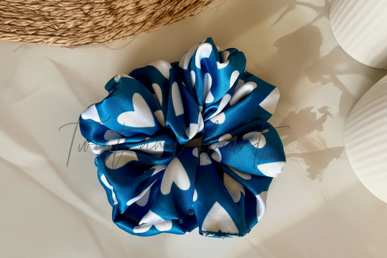 Dark Blue with White Hearts Printed Satin Scrunchie