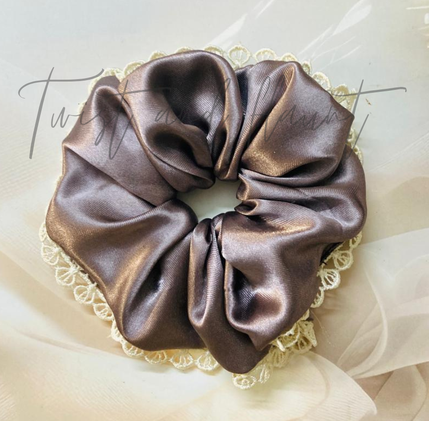 Dark Brown Simply Satin With White Lace Scrunchie