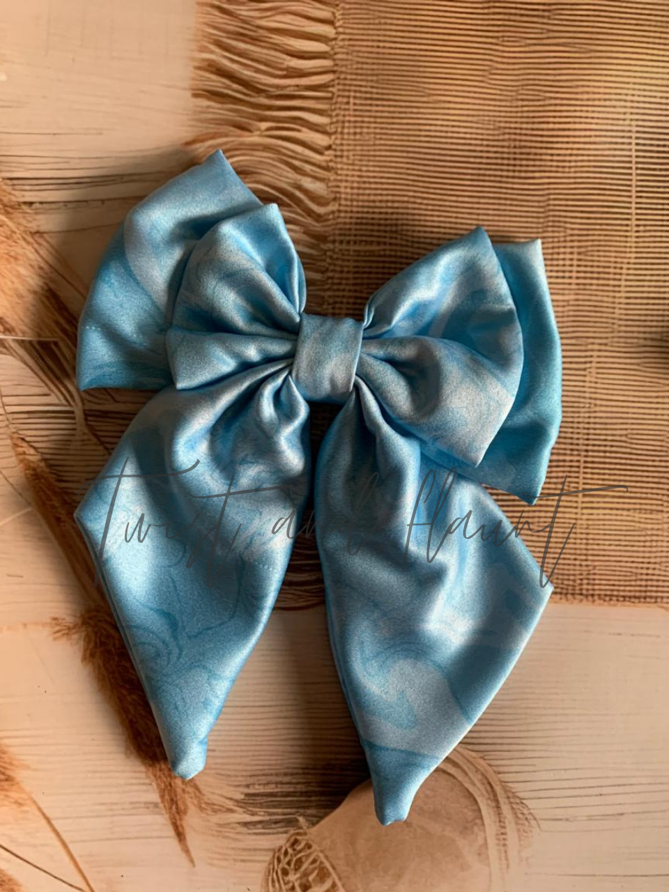 Light Blue Satin Bow With a Marbled Pattern Double Layer Bow Clip