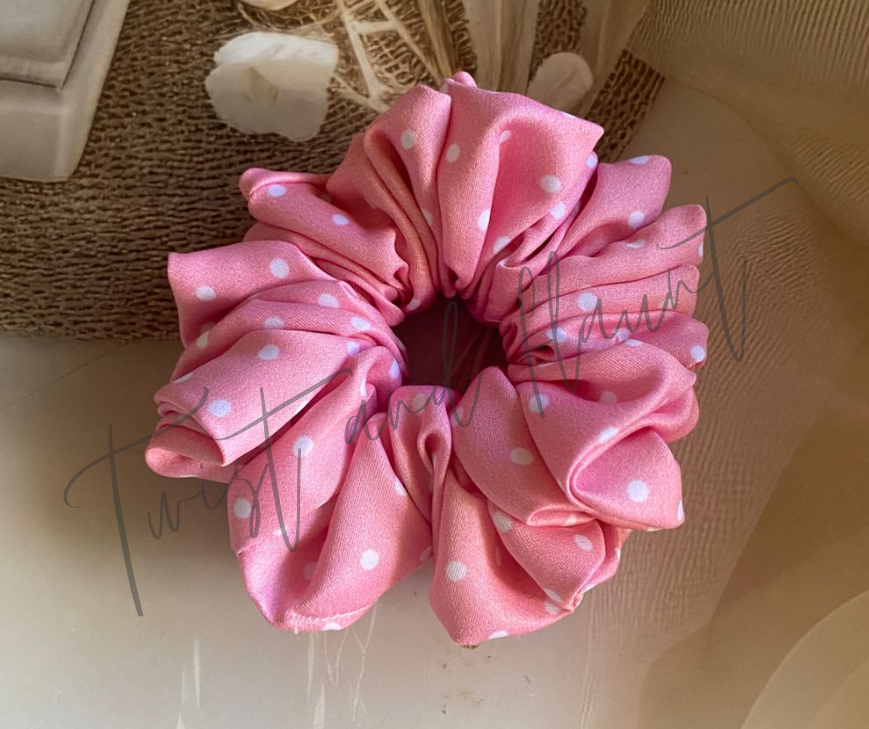Light Pink with White Polka Dots Printed Satin Scrunchies.