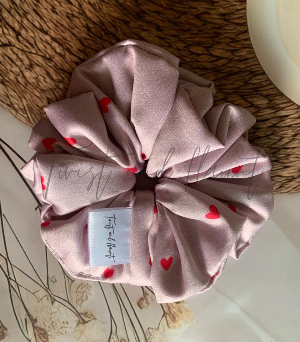 Light Purple With Small Red Hearts Printed Satin Scrunchie