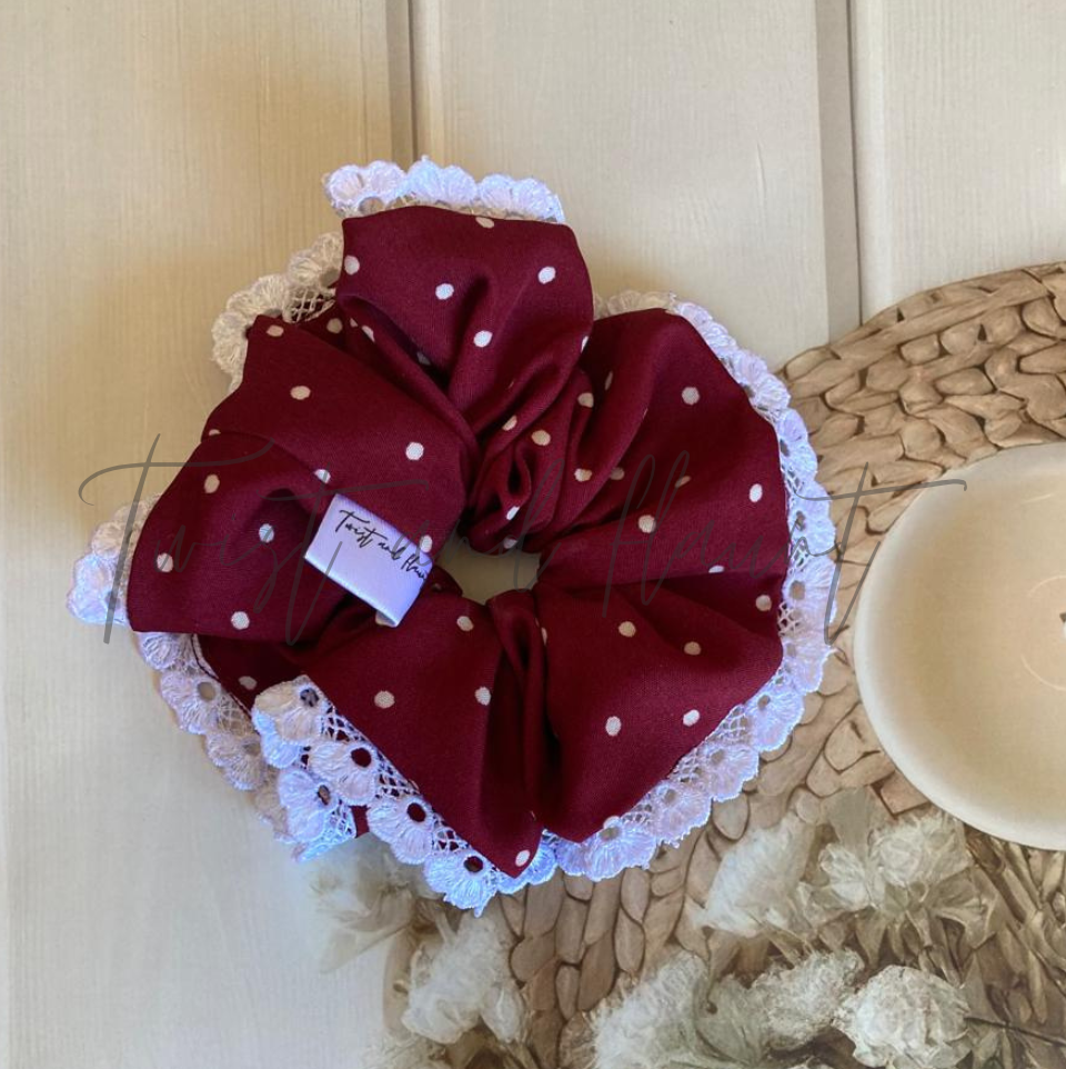 Playful Maroon Crepe Scrunchie with White Polka Dots & Heart Lace