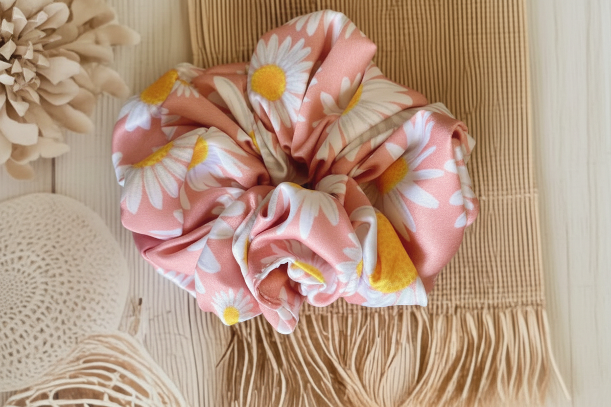 Peach With Daisy Printed Satin Scrunchie