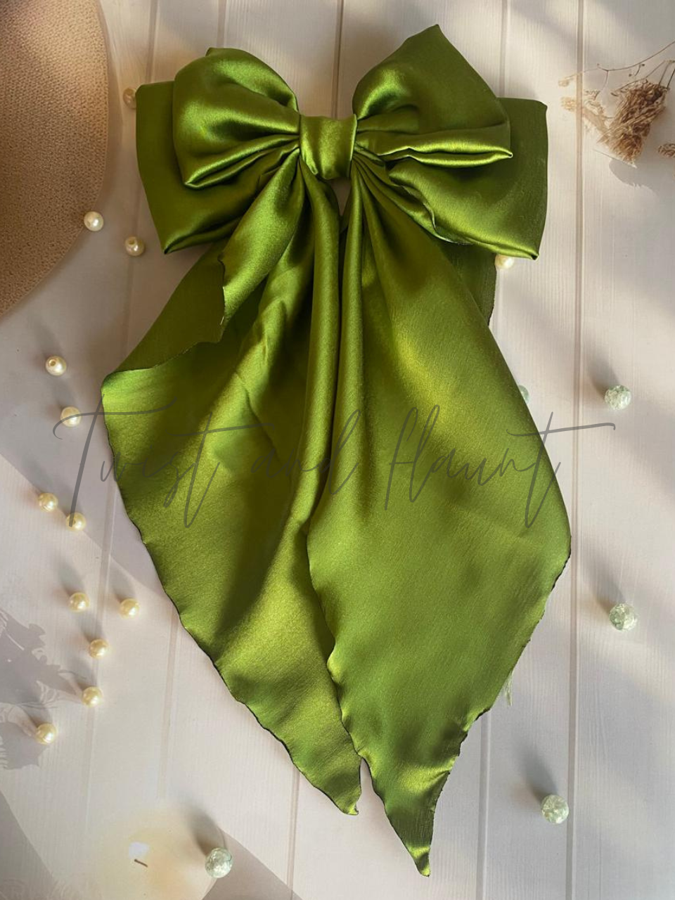 Pickle Green Simply Satin Long Bow Tail Clip