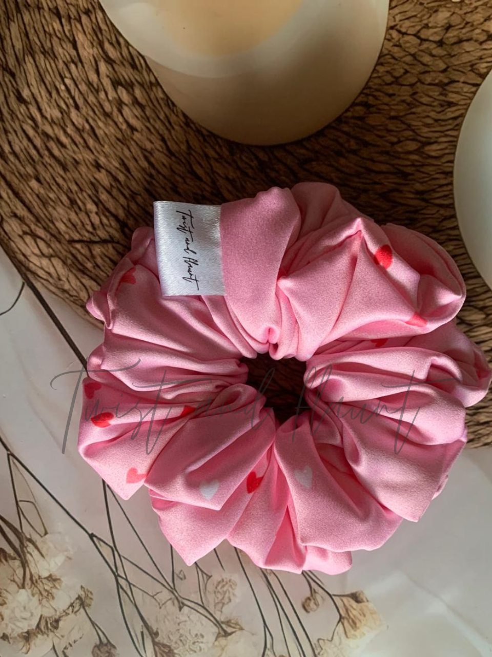 Charming Pink with Red and White Hearts Printed Satin Scrunchie