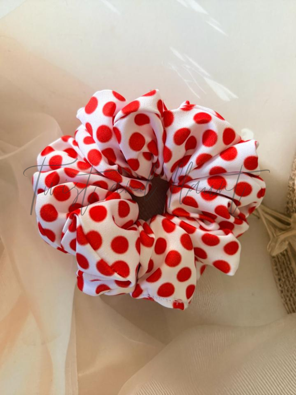 White With Red Polka Dots Printed Satin Scrunchies.