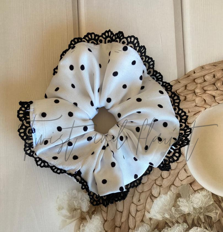Classic White Crepe Scrunchie with Black Polka Dot Lace
