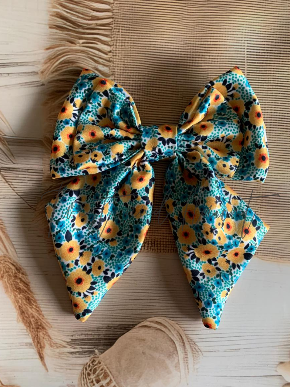 Yellow Flowers and Blue Accents Double Layer Bow Clip.