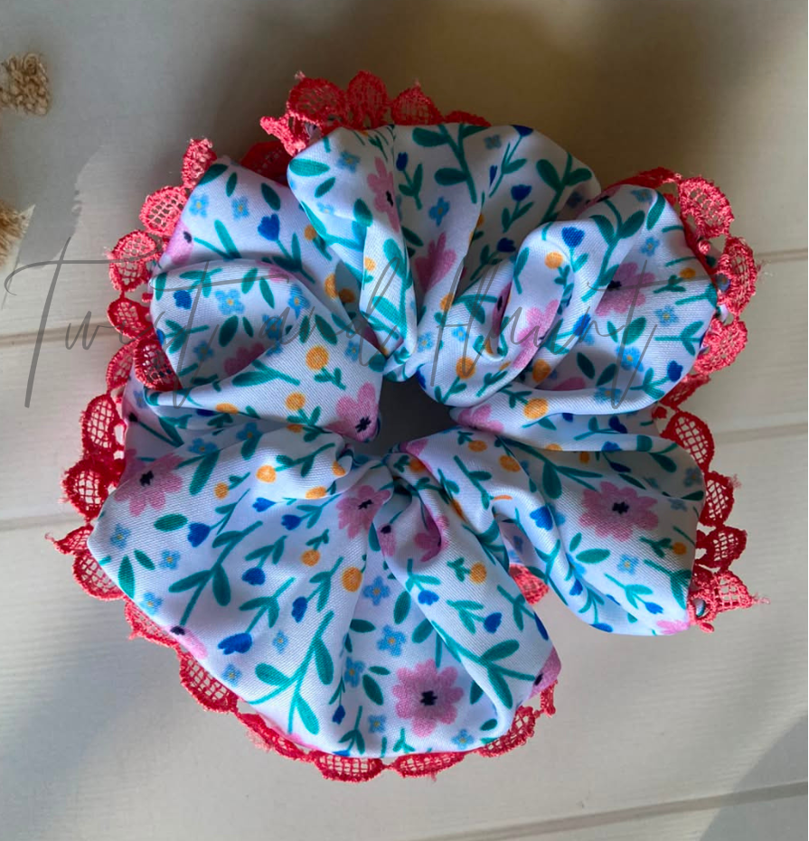 Pink and Blue Floral  Printed Satin With  Lace Trim.