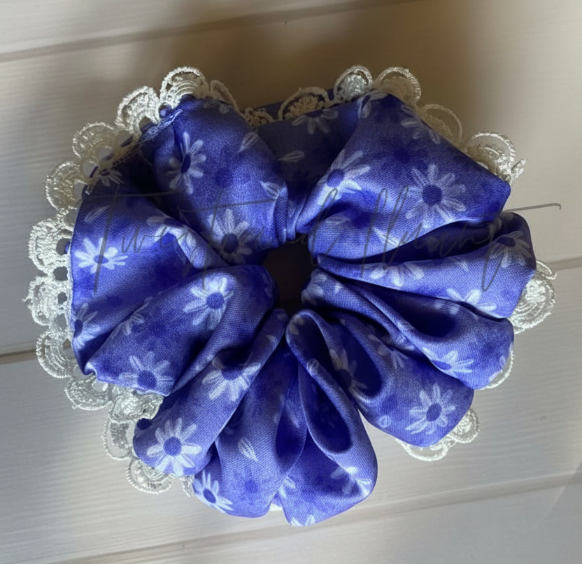 Purple Floral Pattern Printed Satin With White Lace Trim.