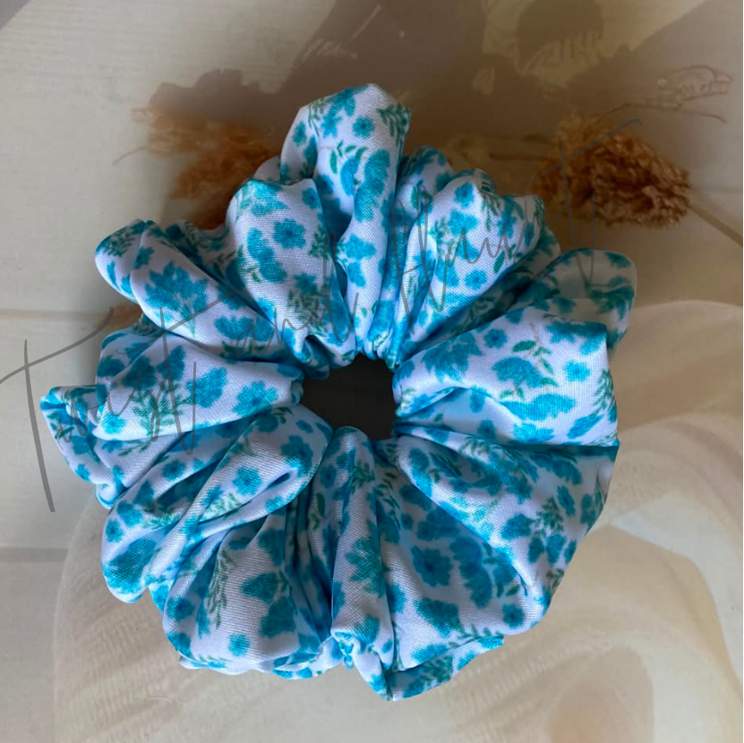 Blue Floral Pattern Printed Satin Scrunchies.