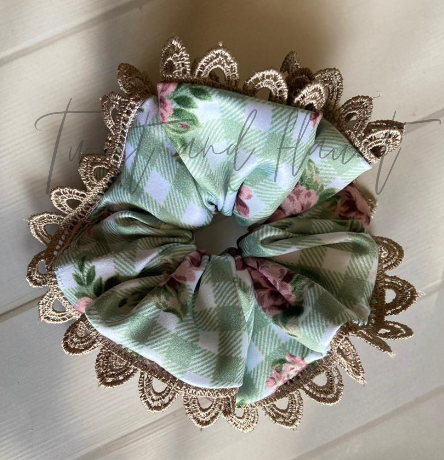 Green and White Gingham Adorned With Roses and Leaves Printed Satin Scrunchie