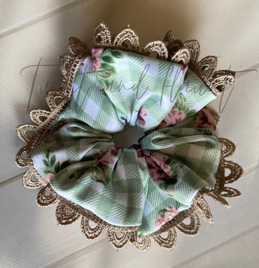 Green and White Gingham Adorned With Roses and Leaves Printed Satin Scrunchie