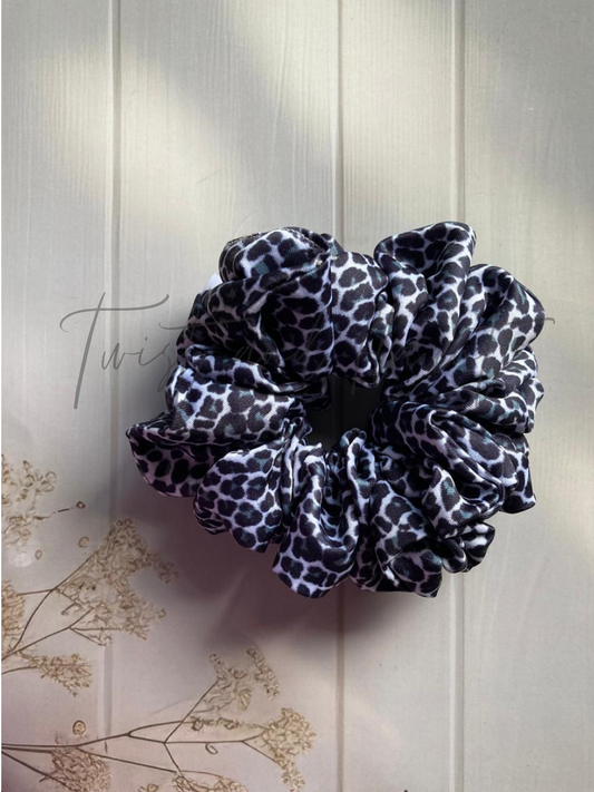 Black and Beige Animal Printed Satin Scrunchie