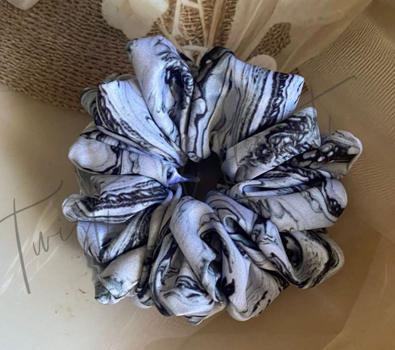 Black And White Marble Pattern Printed Satin Scrunchies.