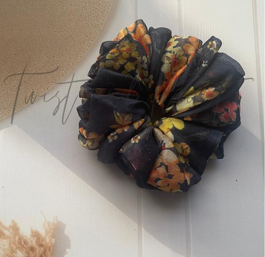 Black Organza With Floral Print Scrunchie
