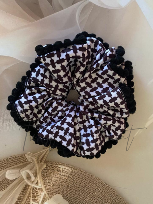 Black and White Checkered Satin With Pom Pom Lace Scrunchie.