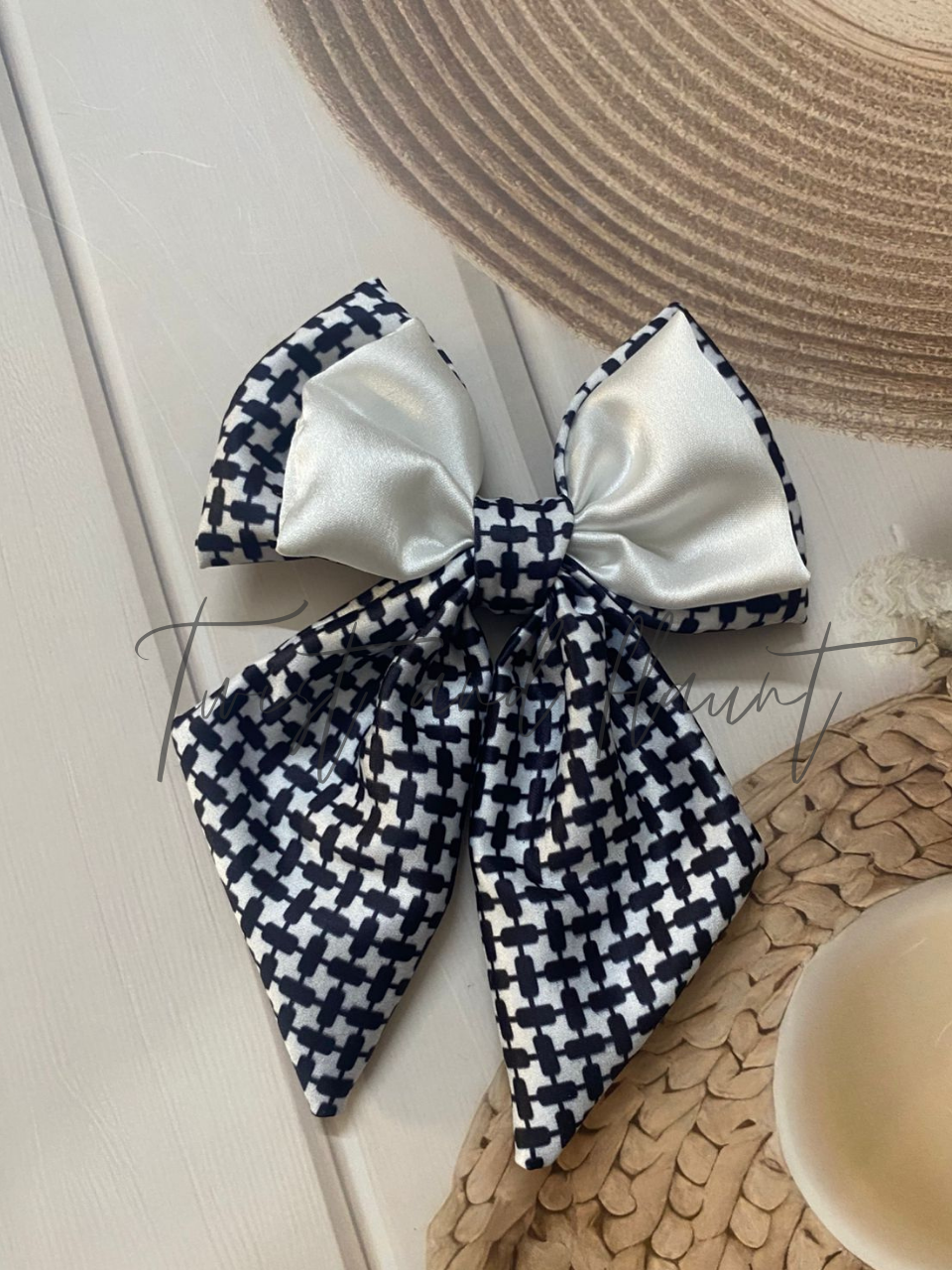 Black and White Checkered  and white Satin Double Layer Bow Clip.