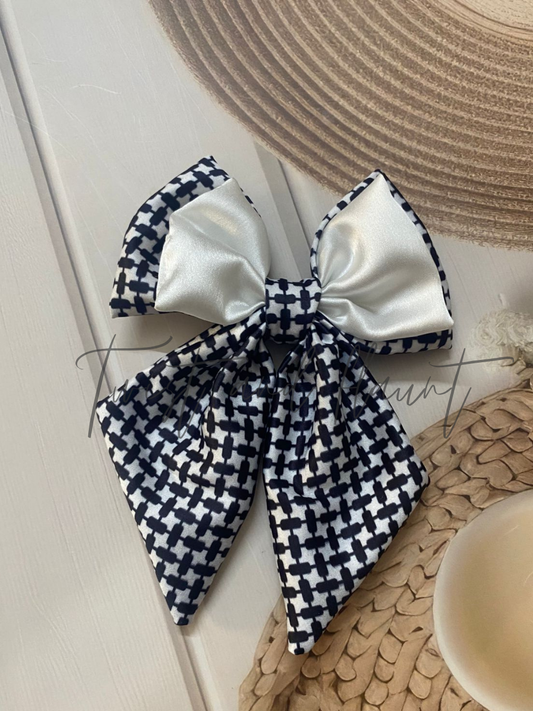 Black and White Checkered  and white Satin Double Layer Bow Clip.