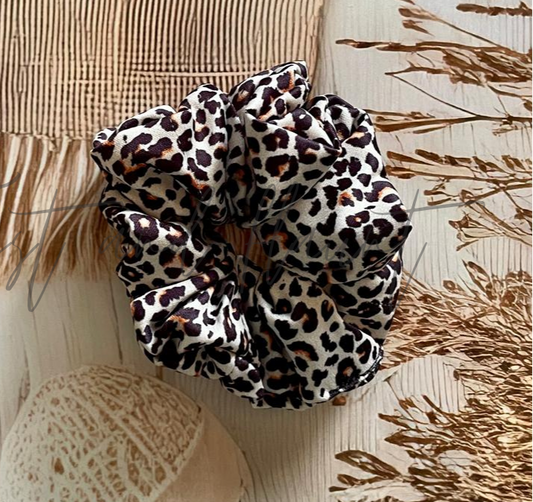Black and Beige Animal Printed Satin Scrunchie
