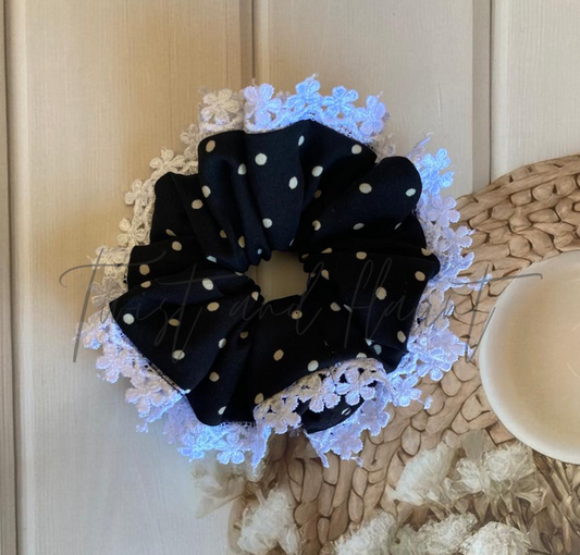 Striking Black Crepe Scrunchie with White Polka Dots & Floral Lace