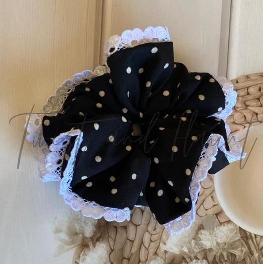 Edgy Black Crepe Scrunchie with White Polka Dots & Heart Lace