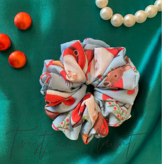 Blue Cotton With Christmas Print Scrunchie
