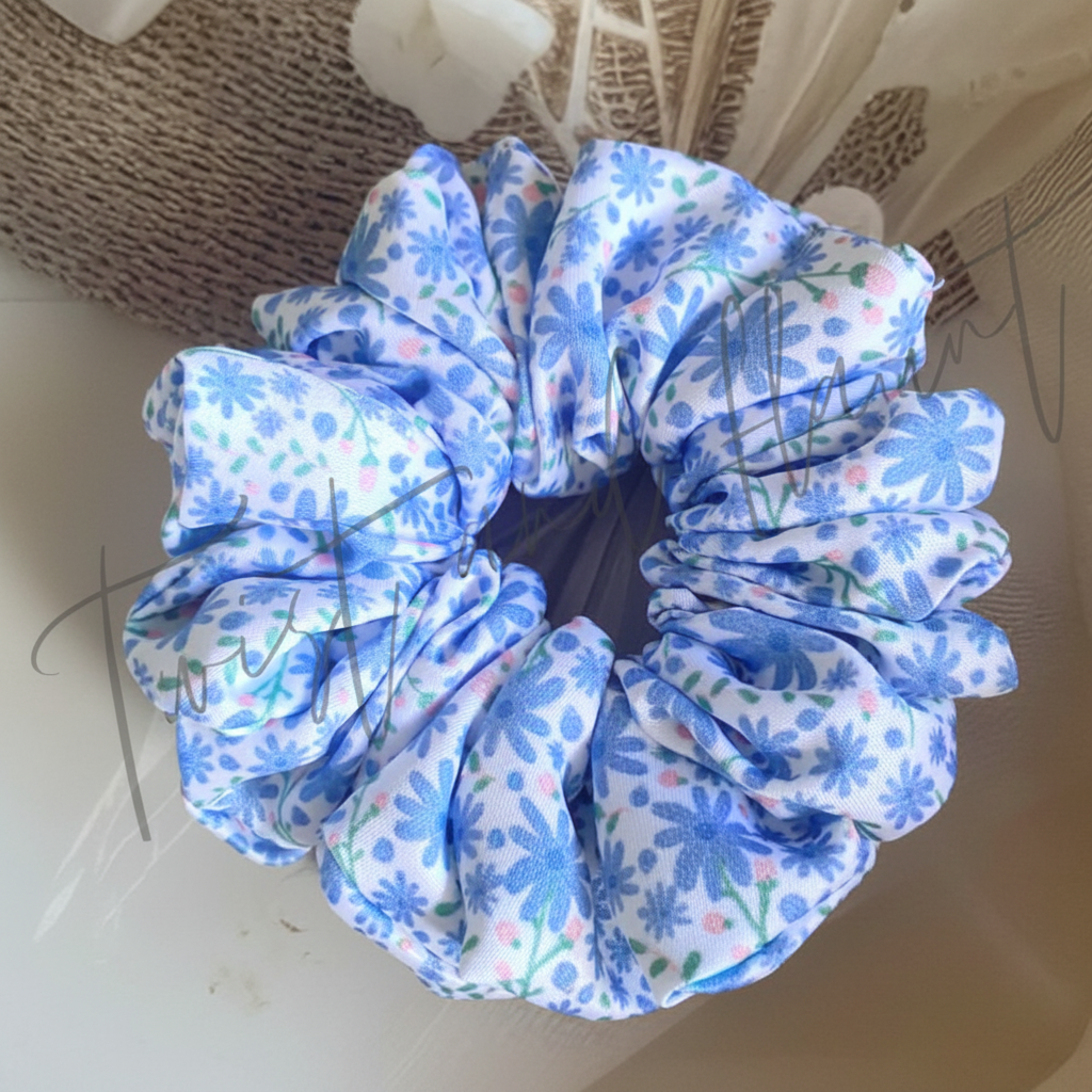 Blue Delicate Floral Daisies Printed Satin Scrunchies.
