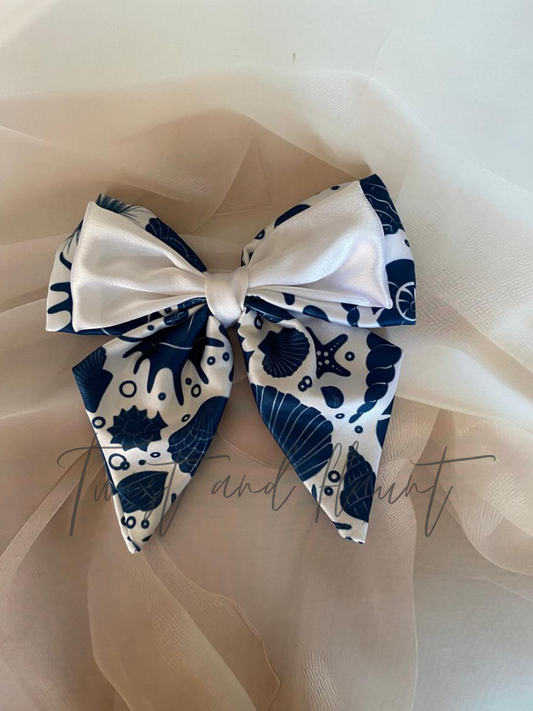 Blue White Shell Patterned Double Layer Bow Clip