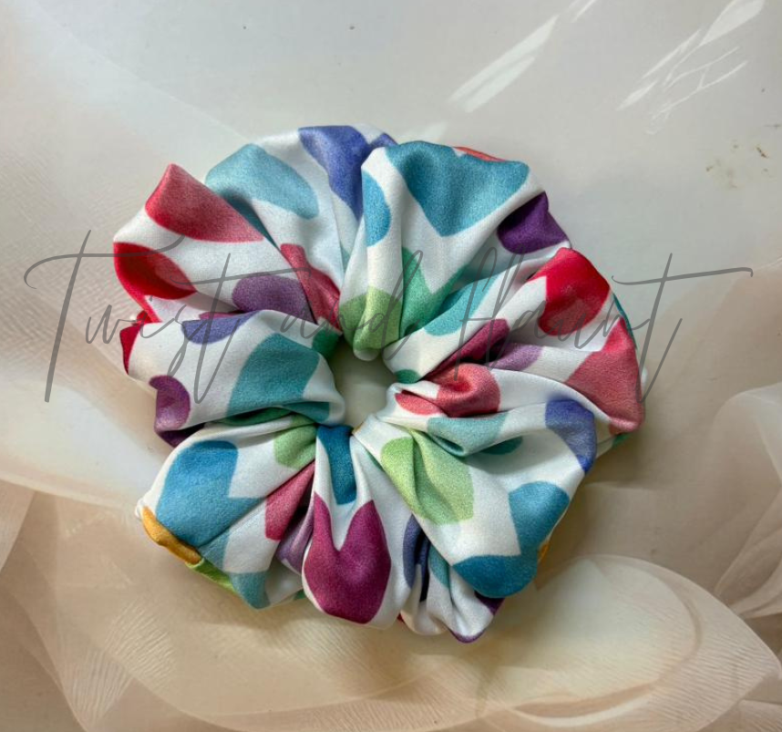 Colourful Heart Pattern Printed Satin Scrunchie