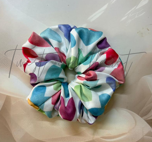 Colourful Heart Pattern Printed Satin Scrunchie