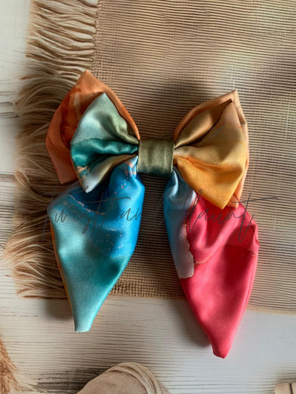 Colorful Satin Marbled Pattern of Blue, Pink, Orange, and Yellow Double Layer Bow Clip.