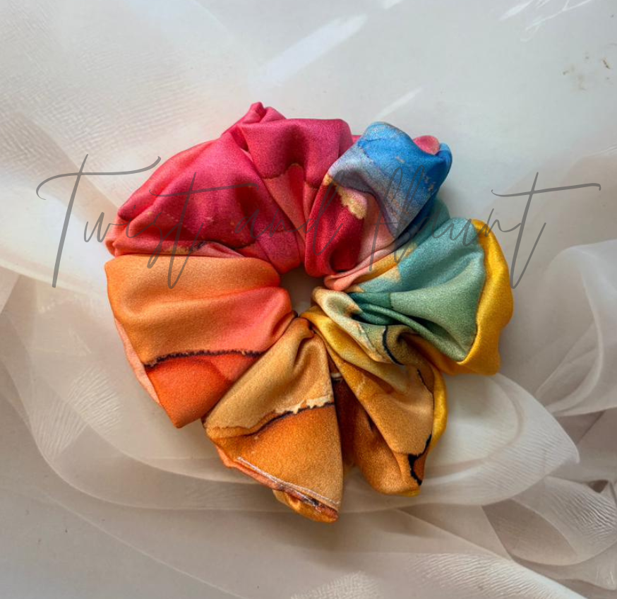 Rainbow Marble in Blue, Pink, Orange & Yellow Printed Satin Scrunchie