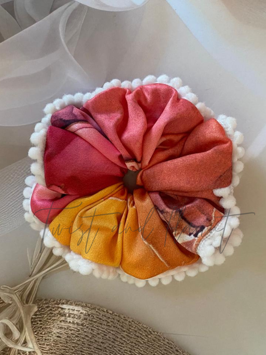 Rainbow Marbled Satin Scrunchie in Blue, Pink, Orange & Yellow with White Pom Pom Lace