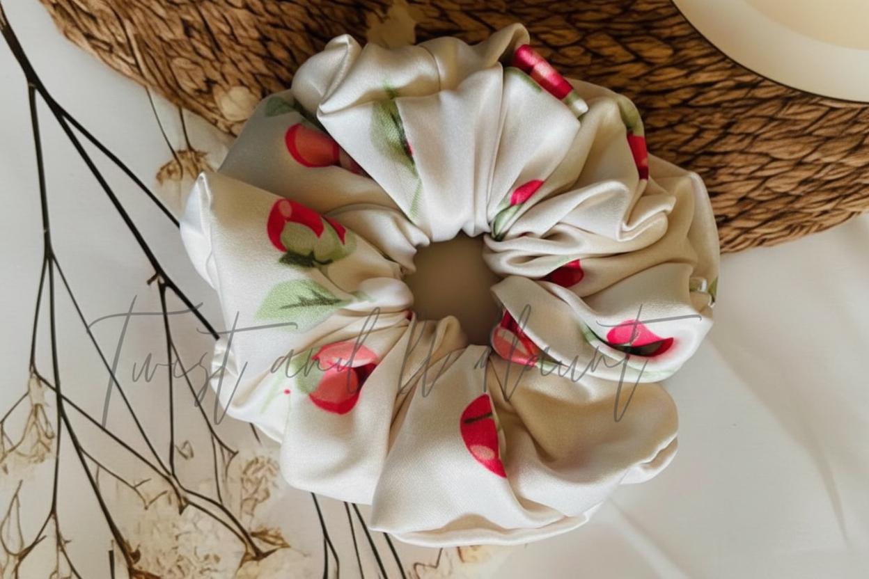 Cream with Floral Printed Roses Satin Scrunchie