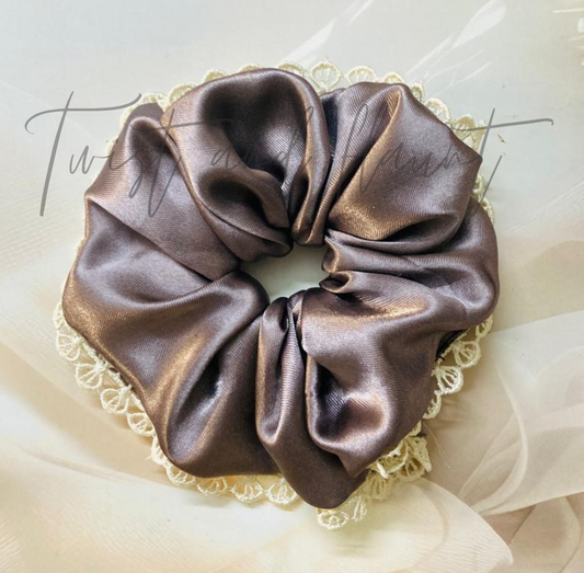Dark Brown Simply Satin With White Lace Scrunchie