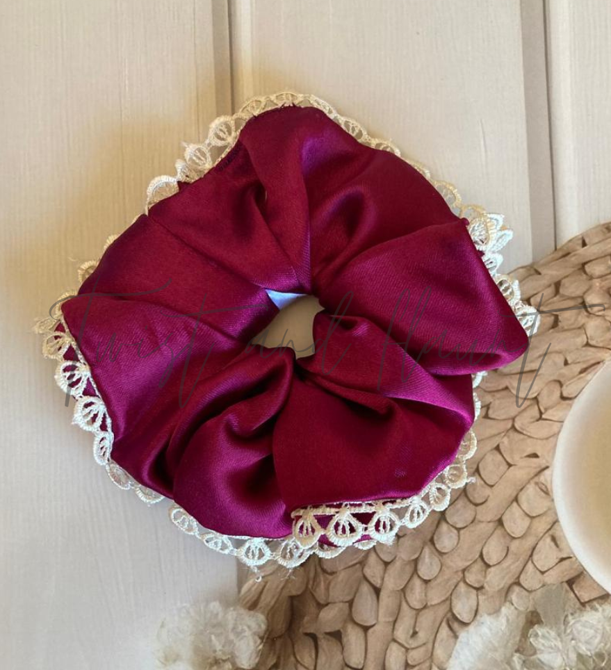 Dark Magenta Purple Simply Satin With White Lace Scrunchie