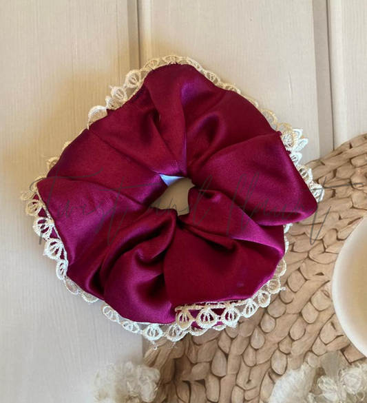 Dark Magenta Purple Simply Satin With White Lace Scrunchie