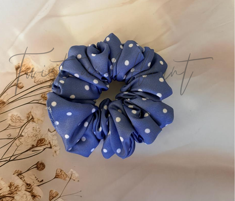 Denim Blue With White Small Polka Dots Printed Satin Scrunchies.