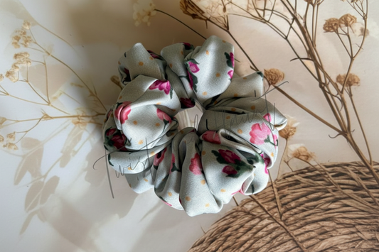 Dusty Rose Bud - Pink Roses on Muted Teal Printed Satin Scrunchies.