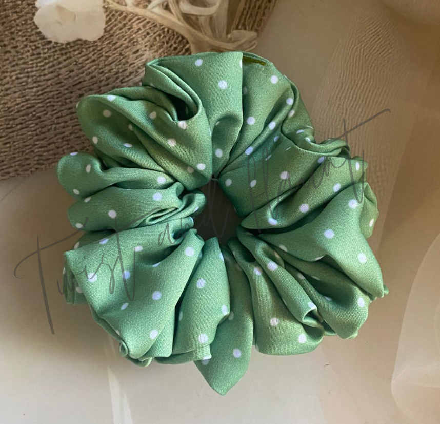 Green With White Polka Dots Printed Satin Scrunchies.