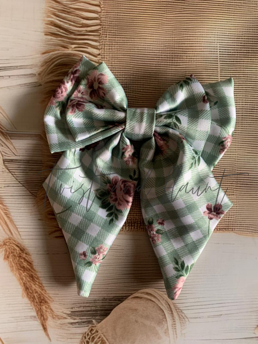 Green and White Gingham Adorned With Roses and Leaves Double Layer Bow Clip.